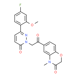 ChemSpider 2D Image | 6-{[3-(4-Fluoro-2-methoxyphenyl)-6-oxo-1(6H)-pyridazinyl]acetyl}-4-methyl-2H-1,4-benzoxazin-3(4H)-one | C22H18FN3O5