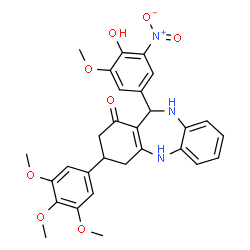 ChemSpider 2D Image | 11-(4-Hydroxy-3-methoxy-5-nitrophenyl)-3-(3,4,5-trimethoxyphenyl)-2,3,4,5,10,11-hexahydro-1H-dibenzo[b,e][1,4]diazepin-1-one | C29H29N3O8
