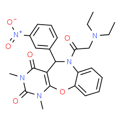 ChemSpider 2D Image | 6-[(Diethylamino)acetyl]-1,3-dimethyl-5-(3-nitrophenyl)-5,6-dihydropyrimido[4,5-b][1,5]benzoxazepine-2,4(1H,3H)-dione | C25H27N5O6