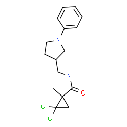 ChemSpider 2D Image | 2,2-Dichloro-1-methyl-N-[(1-phenyl-3-pyrrolidinyl)methyl]cyclopropanecarboxamide | C16H20Cl2N2O