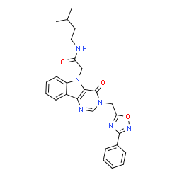 ChemSpider 2D Image | N-(3-Methylbutyl)-2-{4-oxo-3-[(3-phenyl-1,2,4-oxadiazol-5-yl)methyl]-3,4-dihydro-5H-pyrimido[5,4-b]indol-5-yl}acetamide | C26H26N6O3