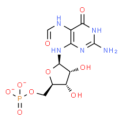 ChemSpider 2D Image | N-(2-Amino-5-formamido-6-oxo-1,6-dihydro-4-pyrimidinyl)-5-O-phosphonato-beta-D-ribofuranosylamine | C10H14N5O9P