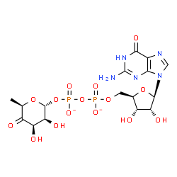 ChemSpider 2D Image | [[(2R,3S,4R,5R)-5-(2-amino-6-oxo-1H-purin-9-yl)-3,4-dihydroxy-tetrahydrofuran-2-yl]methoxy-oxido-phosphoryl] [(2R,3S,4R,6R)-3,4-dihydroxy-6-methyl-5-oxo-tetrahydropyran-2-yl] phosphate | C16H21N5O15P2
