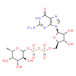 ChemSpider 2D Image | [[(2R,3S,4R,5R)-5-(2-amino-6-oxo-1H-purin-9-yl)-3,4-dihydroxy-tetrahydrofuran-2-yl]methoxy-oxido-phosphoryl] [(3S,4R,5S,6S)-3,4,5-trihydroxy-6-methyl-tetrahydropyran-2-yl] phosphate | C16H23N5O15P2