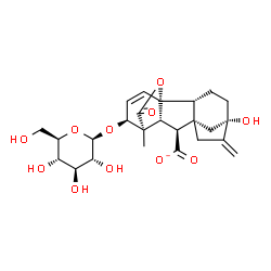 ChemSpider 2D Image | (1R,2R,5S,8S,9S,10R,11S,12S)-12-(beta-D-Glucopyranosyloxy)-5-hydroxy-11-methyl-6-methylene-16-oxo-15-oxapentacyclo[9.3.2.1~5,8~.0~1,10~.0~2,8~]heptadec-13-ene-9-carboxylate | C25H31O11
