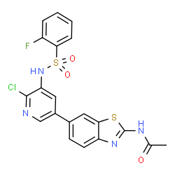 ChemSpider 2D Image | N-[6-(6-Chloro-5-{[(2-fluorophenyl)sulfonyl]amino}-3-pyridinyl)-1,3-benzothiazol-2-yl]acetamide | C20H14ClFN4O3S2