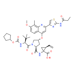ChemSpider 2D Image | N-[(Cyclopentyloxy)carbonyl]-3-methyl-L-valyl-(4R)-N-[(1R,2S)-1-carboxy-2-vinylcyclopropyl]-4-({7-methoxy-8-methyl-2-[2-(propionylamino)-1,3-thiazol-4-yl]-4-quinolinyl}oxy)-L-prolinamide | C40H50N6O9S