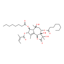 ChemSpider 2D Image | (3S,3aR,4S,6S,6aR,7S,8S,9bS)-3,3a,6-Trihydroxy-3,6,9-trimethyl-8-{[(2Z)-2-methyl-2-butenoyl]oxy}-2-oxo-2,3,3a,4,5,6,6a,7,8,9b-decahydroazuleno[4,5-b]furan-4,7-diyl dioctanoate | C36H56O11