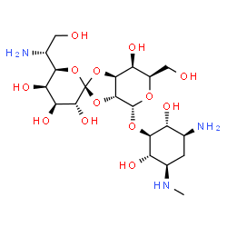ChemSpider 2D Image | (2S,3'R,3aR,4R,4'S,5'R,6R,6'R,7S,7aS)-4-{[(1S,2R,3S,5R,6S)-3-Amino-2,6-dihydroxy-5-(methylamino)cyclohexyl]oxy}-6'-[(1R)-1-amino-2-hydroxyethyl]-6-(hydroxymethyl)octahydro-4H-spiro[1,3-dioxolo[4,5-c]p
yran-2,2'-pyran]-3',4',5',7-tetrol | C20H37N3O13