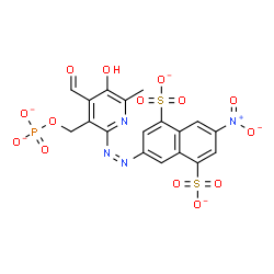 ChemSpider 2D Image | 3-[(Z)-{4-Formyl-5-hydroxy-6-methyl-3-[(phosphonatooxy)methyl]-2-pyridinyl}diazenyl]-7-nitro-1,5-naphthalenedisulfonate | C18H11N4O14PS2