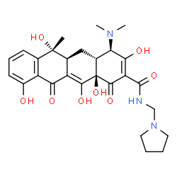 ChemSpider 2D Image | (4R,4aR,5aS,6R,12aR)-4-(Dimethylamino)-3,6,10,12,12a-pentahydroxy-6-methyl-1,11-dioxo-N-(1-pyrrolidinylmethyl)-1,4,4a,5,5a,6,11,12a-octahydro-2-tetracenecarboxamide | C27H33N3O8