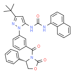 ChemSpider 2D Image | 1-[3-(2-Methyl-2-propanyl)-1-(3-{[(4S)-2-oxo-4-phenyl-1,3-oxazolidin-3-yl]carbonyl}phenyl)-1H-pyrazol-5-yl]-3-(1-naphthyl)urea | C34H31N5O4