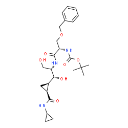 ChemSpider 2D Image | 2-Methyl-2-propanyl [(2S)-3-(benzyloxy)-1-({(1R,2S)-1-[(1R,2S)-2-(cyclopropylcarbamoyl)cyclopropyl]-1,3-dihydroxy-2-propanyl}amino)-1-oxo-2-propanyl]carbamate | C25H37N3O7