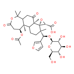 ChemSpider 2D Image | (1S,3'S,7aR,8R,9S,11bR)-1-Acetoxy-9-[(S)-3-furyl(beta-D-glucopyranosyloxy)methyl]-5,5,7a,9,11b-pentamethyl-3,7-dioxododecahydro-5H-spiro[naphtho[2,1-c]oxepine-8,2'-oxirane]-3'-carboxylic acid | C34H46O15