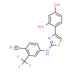 ChemSpider 2D Image | 4-{[4-(2,4-Dihydroxyphenyl)-1,3-thiazol-2-yl]amino}-2-(trifluoromethyl)benzonitrile | C17H10F3N3O2S