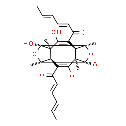 ChemSpider 2D Image | (2E,4E,2'E,4'E)-1,1'-[(1S,3R,4R,7R,8S,10R,11R,14R)-1,6,8,13-Tetrahydroxy-3,7,10,14-tetramethyl-2,9-dioxapentacyclo[8.4.0.0~3,8~.0~4,14~.0~7,11~]tetradeca-5,12-diene-5,12-diyl]bis(2,4-hexadien-1-one) | C28H32O8