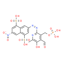 ChemSpider 2D Image | 3-[(Z)-{4-Formyl-5-hydroxy-6-methyl-3-[(phosphonooxy)methyl]-2-pyridinyl}diazenyl]-7-nitro-1,5-naphthalenedisulfonic acid | C18H15N4O14PS2