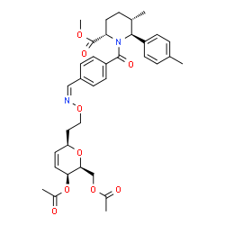 ChemSpider 2D Image | (1R)-4,6-Di-O-acetyl-1,5-anhydro-2,3-dideoxy-1-(2-{[(Z)-(4-{[(2S,3S,6S)-6-(methoxycarbonyl)-3-methyl-2-(4-methylphenyl)-1-piperidinyl]carbonyl}benzylidene)amino]oxy}ethyl)-L-threo-hex-2-enitol | C35H42N2O9