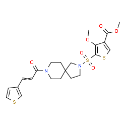 ChemSpider 2D Image | Methyl 4-methoxy-5-({8-[3-(3-thienyl)acryloyl]-2,8-diazaspiro[4.5]dec-2-yl}sulfonyl)-3-thiophenecarboxylate | C22H26N2O6S3