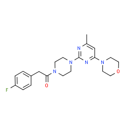 ChemSpider 2D Image | 2-(4-Fluorophenyl)-1-{4-[4-methyl-6-(4-morpholinyl)-2-pyrimidinyl]-1-piperazinyl}ethanone | C21H26FN5O2