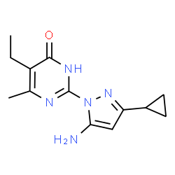 ChemSpider 2D Image | 2-(5-Amino-3-cyclopropyl-1H-pyrazol-1-yl)-5-ethyl-6-methyl-4(1H)-pyrimidinone | C13H17N5O