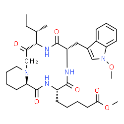 ChemSpider 2D Image | Methyl 5-{(3S,6S,9S,16aR)-9-[(2S)-2-butanyl]-6-[(1-methoxy-1H-indol-3-yl)methyl]-1,4,7,10-tetraoxohexadecahydropyrido[1,2-a][1,4,7,10]tetraazacyclotridecin-3-yl}pentanoate | C33H47N5O7