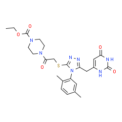 ChemSpider 2D Image | Ethyl 4-[({4-(2,5-dimethylphenyl)-5-[(2,6-dioxo-1,2,3,6-tetrahydro-4-pyrimidinyl)methyl]-4H-1,2,4-triazol-3-yl}sulfanyl)acetyl]-1-piperazinecarboxylate | C24H29N7O5S