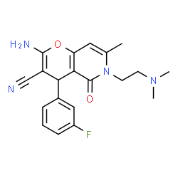 ChemSpider 2D Image | 2-Amino-6-[2-(dimethylamino)ethyl]-4-(3-fluorophenyl)-7-methyl-5-oxo-5,6-dihydro-4H-pyrano[3,2-c]pyridine-3-carbonitrile | C20H21FN4O2
