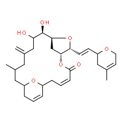 ChemSpider 2D Image | (3Z,7R,8R,10S,11R)-11,12-Dihydroxy-16-methyl-8-[(E)-2-(4-methyl-3,6-dihydro-2H-pyran-2-yl)vinyl]-14-methylene-6,9,22-trioxatricyclo[16.3.1.1~7,10~]tricosa-3,20-dien-5-one | C30H42O7