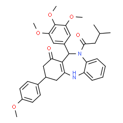ChemSpider 2D Image | 3-(4-Methoxyphenyl)-10-(3-methylbutanoyl)-11-(3,4,5-trimethoxyphenyl)-2,3,4,5,10,11-hexahydro-1H-dibenzo[b,e][1,4]diazepin-1-one | C34H38N2O6