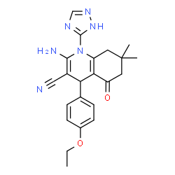ChemSpider 2D Image | 2-Amino-4-(4-ethoxyphenyl)-7,7-dimethyl-5-oxo-1-(1H-1,2,4-triazol-5-yl)-1,4,5,6,7,8-hexahydro-3-quinolinecarbonitrile | C22H24N6O2
