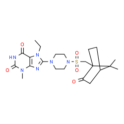 ChemSpider 2D Image | 8-(4-{[(7,7-Dimethyl-2-oxobicyclo[2.2.1]hept-1-yl)methyl]sulfonyl}-1-piperazinyl)-7-ethyl-3-methyl-3,7-dihydro-1H-purine-2,6-dione | C22H32N6O5S