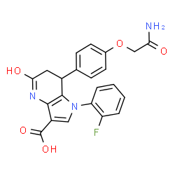 ChemSpider 2D Image | 7-[4-(2-Amino-2-oxoethoxy)phenyl]-1-(2-fluorophenyl)-5-oxo-4,5,6,7-tetrahydro-1H-pyrrolo[3,2-b]pyridine-3-carboxylic acid | C22H18FN3O5
