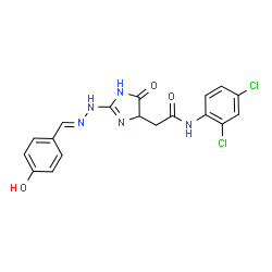 ChemSpider 2D Image | N-(2,4-Dichlorophenyl)-2-{2-[(2E)-2-(4-hydroxybenzylidene)hydrazino]-4-oxo-4,5-dihydro-1H-imidazol-5-yl}acetamide | C18H15Cl2N5O3