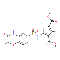 ChemSpider 2D Image | Dimethyl 3-methyl-5-{[(2-methyl-3-oxo-3,4-dihydro-2H-1,4-benzoxazin-6-yl)sulfonyl]amino}-2,4-thiophenedicarboxylate | C18H18N2O8S2