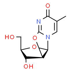 ChemSpider 2D Image | (2R,3R,3aS,9aR)-3-Hydroxy-2-(hydroxymethyl)-7-methyl-2,3,3a,9a-tetrahydro-6H-furo[2',3':4,5][1,3]oxazolo[3,2-a]pyrimidin-6-one | C10H12N2O5