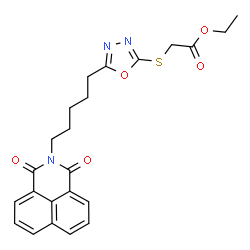 ChemSpider 2D Image | Ethyl ({5-[5-(1,3-dioxo-1H-benzo[de]isoquinolin-2(3H)-yl)pentyl]-1,3,4-oxadiazol-2-yl}sulfanyl)acetate | C23H23N3O5S
