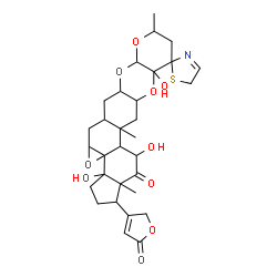 ChemSpider 2D Image | 3a,11a,14-Trihydroxy-9,13a,15a-trimethyl-1-(5-oxo-2,5-dihydro-3-furanyl)-2,3,3a,4a,5,5a,6,6a,7a,9,10,11a,12a,13,13a,13b,14,15a-octadecahydro-5'H-spiro[cyclopenta[7,8]oxireno[8a,9]phenanthro[2,3-b]pyra
no[3,2-e][1,4]dioxine-11,2'-[1,3]thiazol]-15(1H)-one | C31H39NO10S