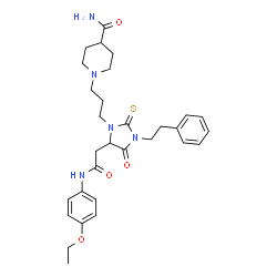 ChemSpider 2D Image | 1-{3-[5-{2-[(4-Ethoxyphenyl)amino]-2-oxoethyl}-4-oxo-3-(2-phenylethyl)-2-thioxo-1-imidazolidinyl]propyl}-4-piperidinecarboxamide | C30H39N5O4S