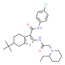 ChemSpider 2D Image | N-(4-Chlorophenyl)-2-{[(2-ethyl-1-piperidinyl)acetyl]amino}-6-(2-methyl-2-propanyl)-4,5,6,7-tetrahydro-1-benzothiophene-3-carboxamide | C28H38ClN3O2S