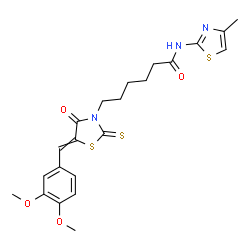 ChemSpider 2D Image | 6-[5-(3,4-Dimethoxybenzylidene)-4-oxo-2-thioxo-1,3-thiazolidin-3-yl]-N-(4-methyl-1,3-thiazol-2-yl)hexanamide | C22H25N3O4S3
