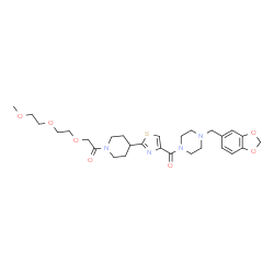 ChemSpider 2D Image | 1-[4-(4-{[4-(1,3-Benzodioxol-5-ylmethyl)-1-piperazinyl]carbonyl}-1,3-thiazol-2-yl)-1-piperidinyl]-2-[2-(2-methoxyethoxy)ethoxy]ethanone | C28H38N4O7S
