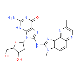 ChemSpider 2D Image | 2-Amino-9-(2-deoxypentofuranosyl)-8-[(3,8-dimethyl-3H-imidazo[4,5-f]quinoxalin-2-yl)amino]-3,9-dihydro-6H-purin-6-one | C21H22N10O4