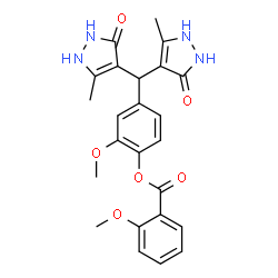 ChemSpider 2D Image | 4-[Bis(5-methyl-3-oxo-2,3-dihydro-1H-pyrazol-4-yl)methyl]-2-methoxyphenyl 2-methoxybenzoate | C24H24N4O6