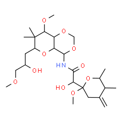 ChemSpider 2D Image | 2-Hydroxy-N-[6-(2-hydroxy-3-methoxypropyl)-8-methoxy-7,7-dimethylhexahydropyrano[3,2-d][1,3]dioxin-4-yl]-2-(2-methoxy-5,6-dimethyl-4-methylenetetrahydro-2H-pyran-2-yl)acetamide | C25H43NO10