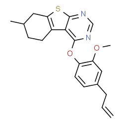 ChemSpider 2D Image | 4-(4-Allyl-2-methoxyphenoxy)-7-methyl-5,6,7,8-tetrahydro[1]benzothieno[2,3-d]pyrimidine | C21H22N2O2S