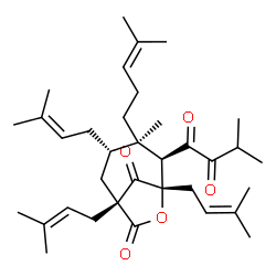 ChemSpider 2D Image | (1R,3S,4R,5R,6S)-4-Methyl-1,3,6-tris(3-methyl-2-buten-1-yl)-5-(3-methyl-2-oxobutanoyl)-4-(4-methyl-3-penten-1-yl)-7-oxabicyclo[4.2.1]nonane-8,9-dione | C35H52O5