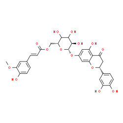 ChemSpider 2D Image | (2R)-2-(3,4-Dihydroxyphenyl)-5-hydroxy-4-oxo-3,4-dihydro-2H-chromen-7-yl 6-O-[(2E)-3-(4-hydroxy-3-methoxyphenyl)-2-propenoyl]-beta-D-erythro-hexopyranoside | C31H30O14