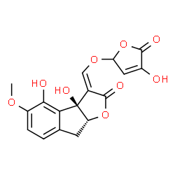 ChemSpider 2D Image | (3Z,3aS,8aR)-3a,4-Dihydroxy-3-{[(4-hydroxy-5-oxo-2,5-dihydro-2-furanyl)oxy]methylene}-5-methoxy-3,3a,8,8a-tetrahydro-2H-indeno[2,1-b]furan-2-one | C17H14O9