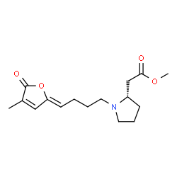 ChemSpider 2D Image | Methyl {(2S)-1-[(4Z)-4-(4-methyl-5-oxo-2(5H)-furanylidene)butyl]-2-pyrrolidinyl}acetate | C16H23NO4